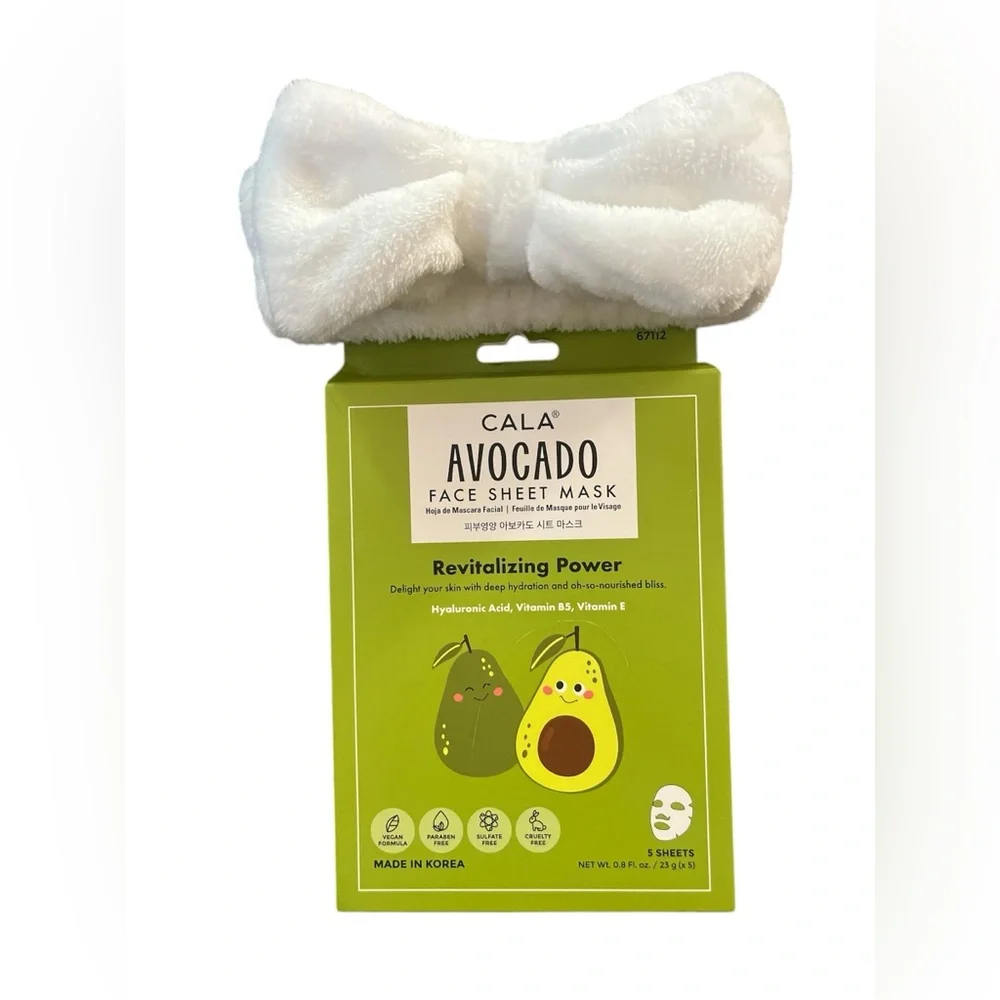 CALA Avocado Revitalizing Face Sheet Mask & White Plush Headband